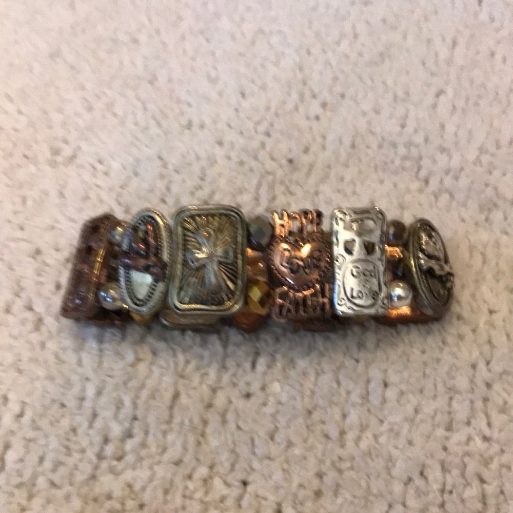 Mixed Metal Cross and Heart Stretch Bracelet - Copper & Silver Tones